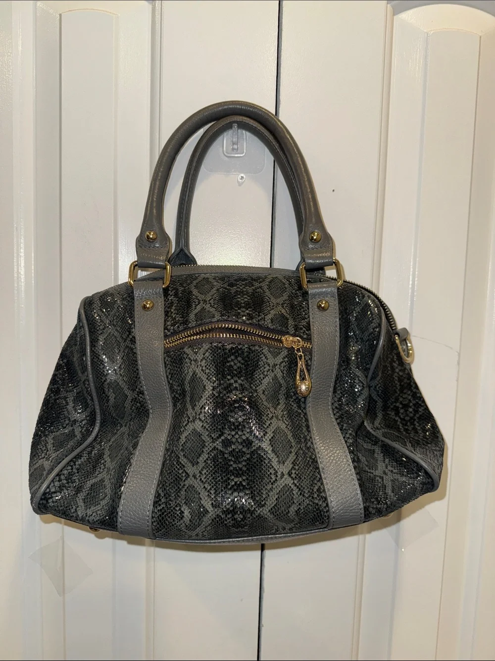Terzetto‎ Gray Snake-Print Satchel with Gold Hardware